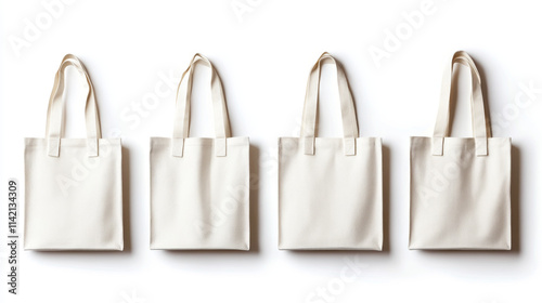 Cotton eco bags, fabric tote with handle for shopping. Vector realistic mockup of blank canvas packets for fruits and vegetables, textile reusable ecobags isolated on white background photo