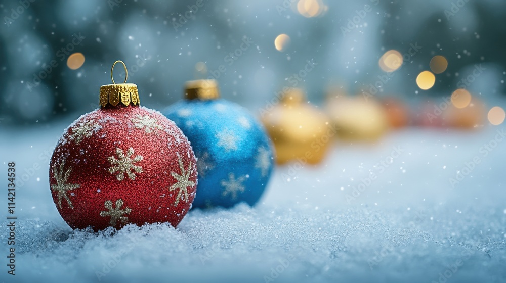 christmas bauble on snow with bokeh background copy space christmas bauble on snow with bokeh background copy space