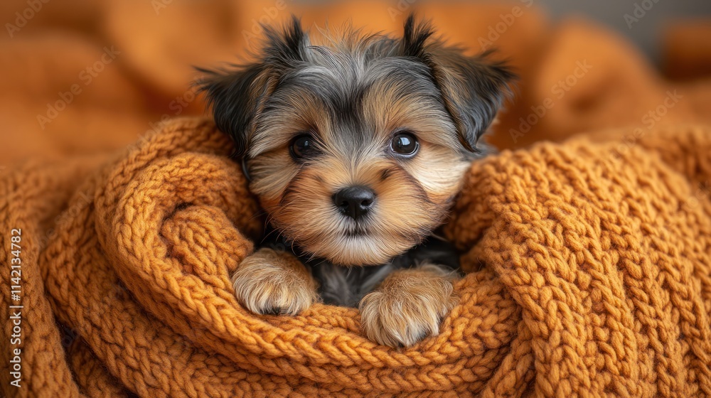 Adorable Yorkshire Terrier puppy nestled in a cozy orange blanket. Adorable Yorkshire Terrier puppy nestled in a cozy orange blanket.