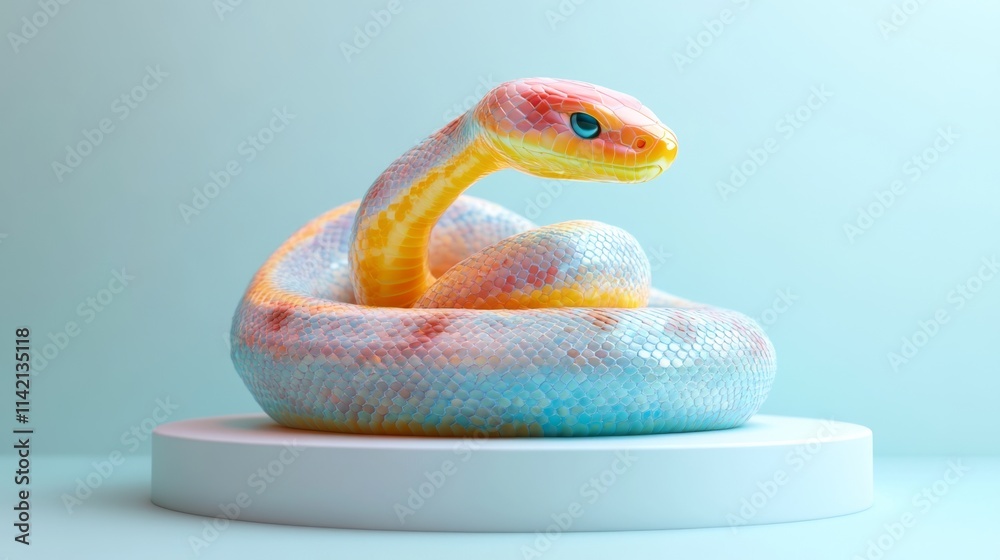Fototapeta premium 3D artwork of a snake sculpture with pastel tones on white pedestal