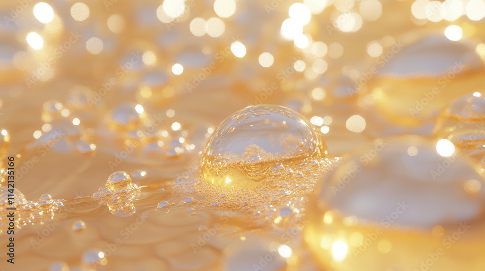 Transparent golden liquid droplets with glossy surface and light reflections. Various sized drops honey like viscous texture with bubbles inside. Cosmetic serum, essential oil or natural sweetener.