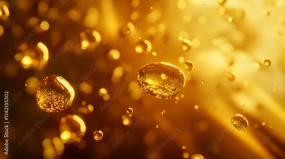 Transparent golden liquid droplets with glossy surface and light reflections. Various sized drops honey like viscous texture with bubbles inside. Cosmetic serum, essential oil or natural sweetener. Transparent golden liquid droplets with glossy surface and light reflections. Various sized drops honey like viscous texture with bubbles inside. Cosmetic serum, essential oil or natural sweetener.