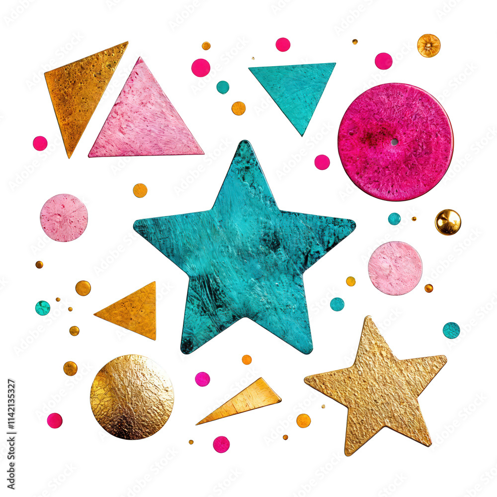 Colorful geometric shapes with metallic texture including stars, triangles, and circles on black background