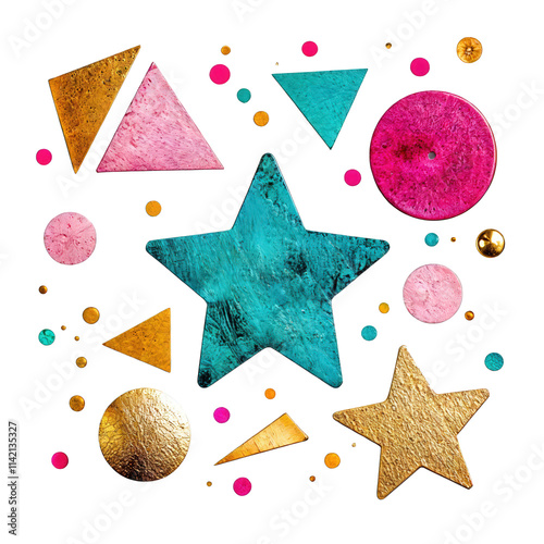Obraz na płótnie Colorful geometric shapes with metallic texture including stars, triangles, and circles on black background
w salonie