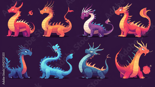 Fantasy magic dragon vector illustration game set. Fairytale creature character pose isolated collection. Fairy tale mythical monster icon standing, loser and sleep. Chinese ancient reptile clipart photo