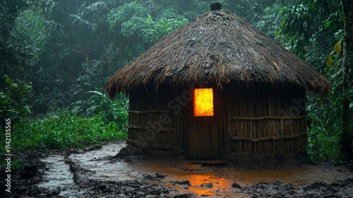 Illuminated hut in a rain-soaked jungle. photo