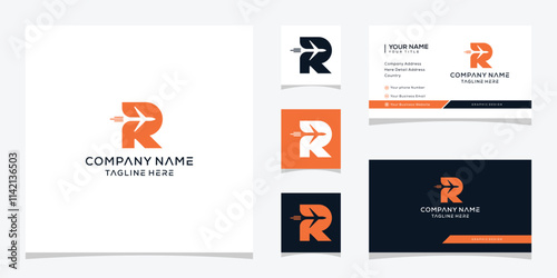 letter R arrow rocket logo design, business card vector template