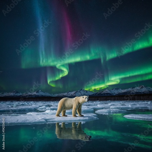 A polar bear standing on an ice floe with the Northern Lights illuminating the sky.