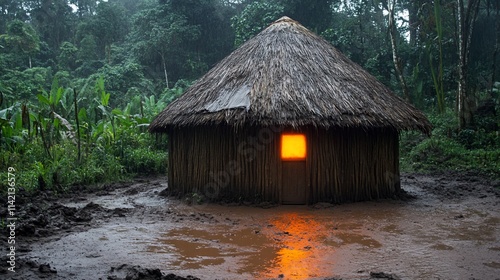 Round hut in rainforest, lit window, muddy ground. photo