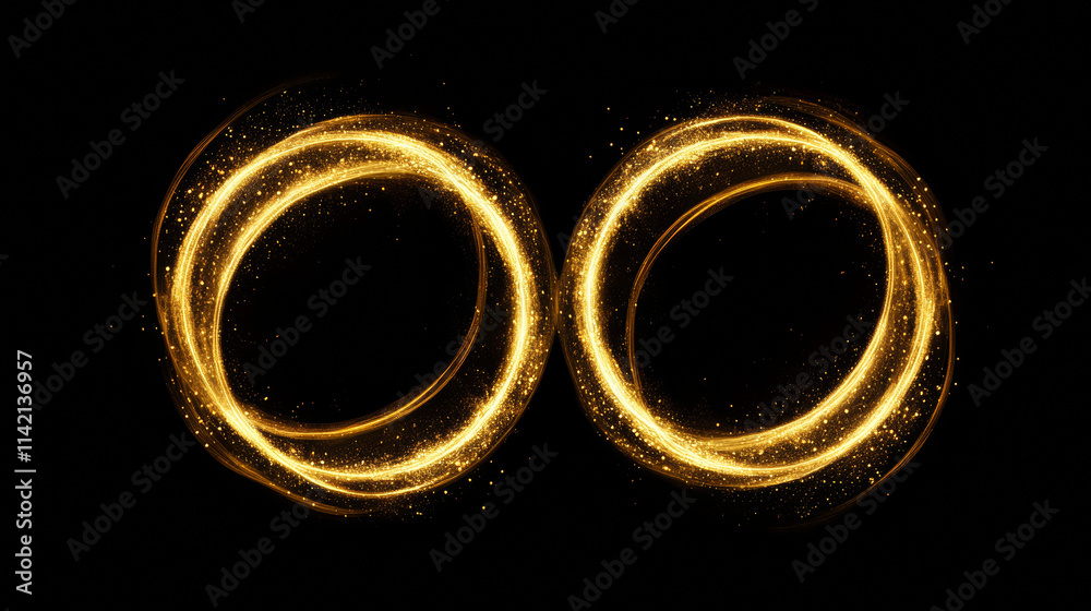 Realistic set of golden light circles sparking on black transparent background. Vector illustration of magic power effect, fairy trail, glitter dust swirl, shiny avatar frame. Festive design elements Realistic set of golden light circles sparking on black transparent background. Vector illustration of magic power effect, fairy trail, glitter dust swirl, shiny avatar frame. Festive design elements