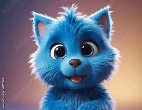 closeup shot of beautiful 3d blue monster cartoon character blurry background in the room 