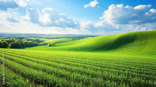 Rolling green hills under blue sky, lush landscape with vibrant colors and dynamic terrain.