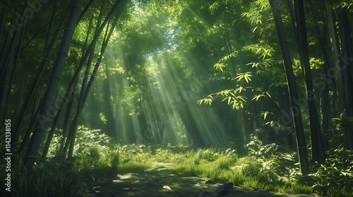 A dense bamboo forest with golden sunlight filtering through the leaves, creating a magical and peaceful atmosphere in the quiet woods. photo