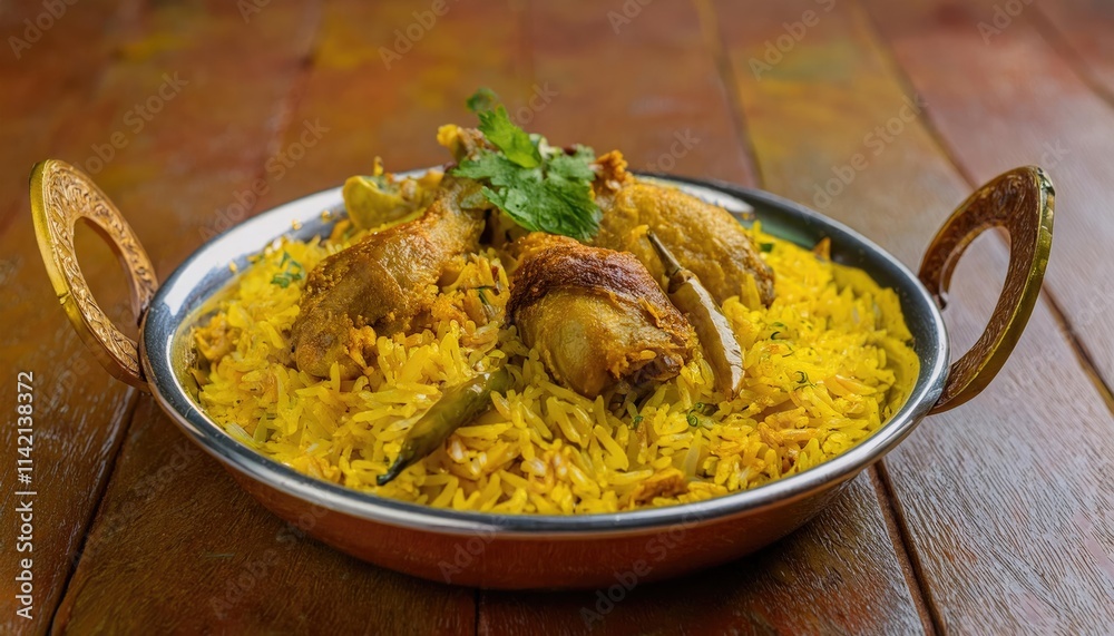 Spicy chicken biryani with herbs and spices served over yellow rice in a round, metal dish. Bottom view of the meal Spicy chicken biryani with herbs and spices served over yellow rice in a round, metal dish. Bottom view of the meal