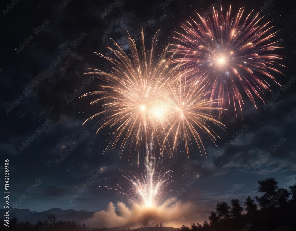 Firework explosion in night sky with stars and moon , stars, fireworks, pyrotechnics Firework explosion in night sky with stars and moon , stars, fireworks, pyrotechnics