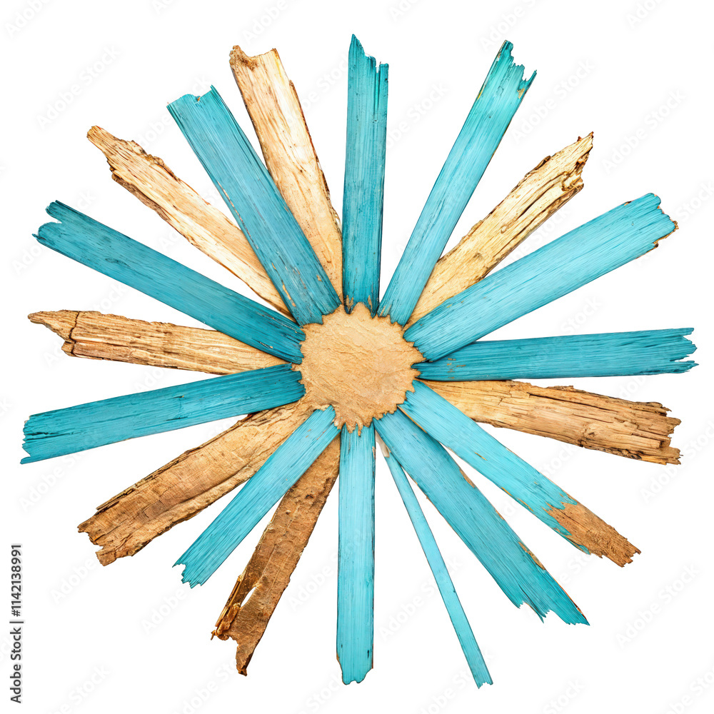 Rustic starburst ornament with distressed blue and gold wooden textures on a black background