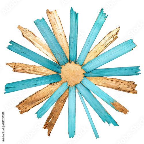 Obraz na płótnie Rustic starburst ornament with distressed blue and gold wooden textures on a black background
w salonie