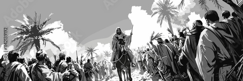 Man on a horse is leading a crowd of people. The man on the horse is wearing a white robe. flat vector illustration