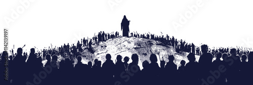 Large crowd of people are gathered on a hill. A man is standing in the middle of the crowd. flat vector illustration