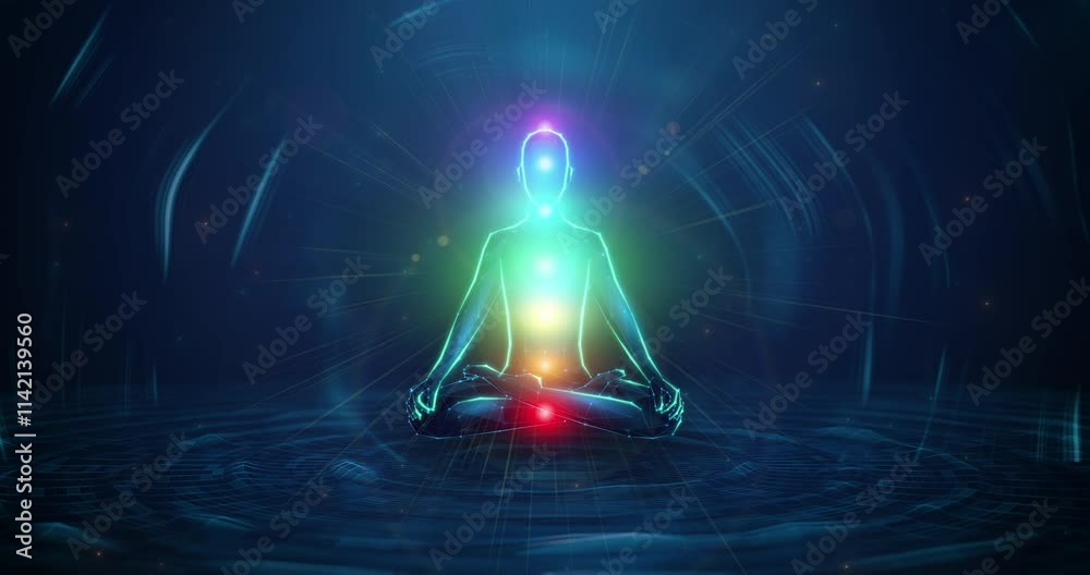 Abstract looped animation of low poly human figure sitting in lotus yoga pose with glowing chakra points over wireframe circular water waves. Meditation, yoga and mental health care animated concept