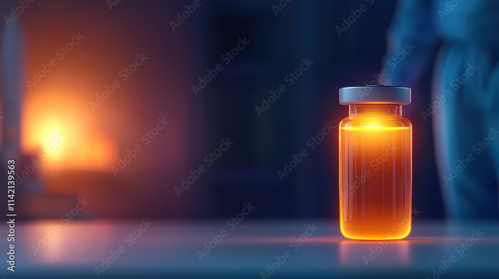 Glass vial with glowing orange liquid in dimly lit background Glass vial with glowing orange liquid in dimly lit background