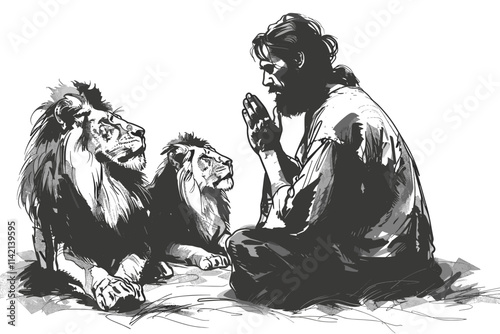 Man sits on the ground with two lions in front of him. One lion is laying down and the other is standing. flat vector illustration