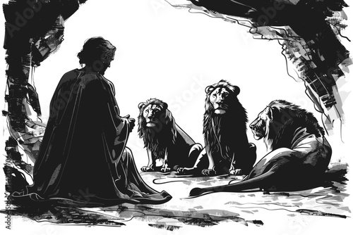 Man sits in front of three lions. One lion is sitting on the ground and the other two are sitting on the ground. flat vector illustration