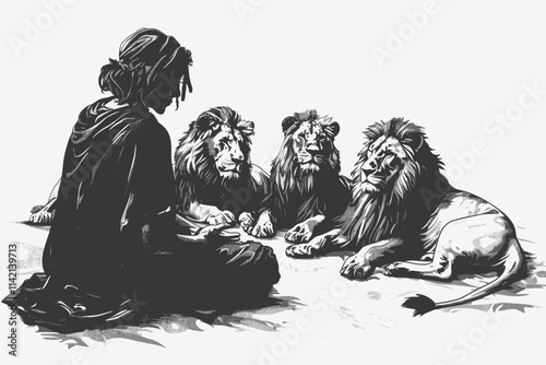 Man sits on the ground with three lions in front of him. One lion is laying down, the other two are standing. flat vector illustration