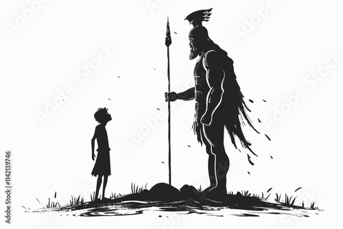 Giant figure with a spear is standing next to a small child. The child is looking up at the giant figure, possibly in awe or fear. flat vector illustration