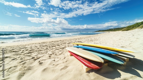 A tidy surfboard resting area on a sandy beach, Surfboards and wax blocks placed, Beach chic style photo