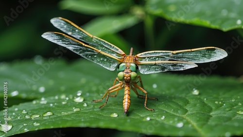 A brown dragonfly with intricate wing patterns rests on a green leaf photo