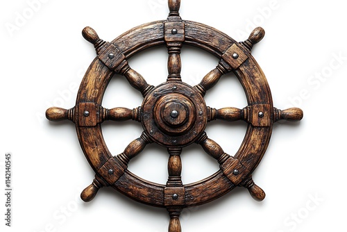 Wood Ship Wheel Isolated on White Background.