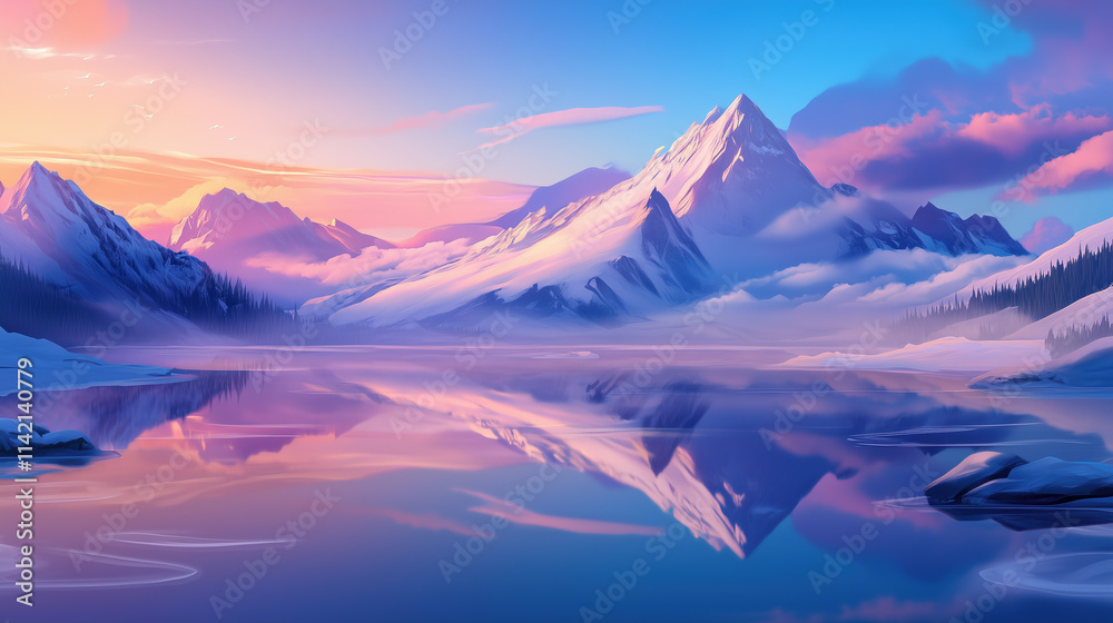 A landscape of snow-capped mountain by a calm lake in the sunset A landscape of snow-capped mountain by a calm lake in the sunset