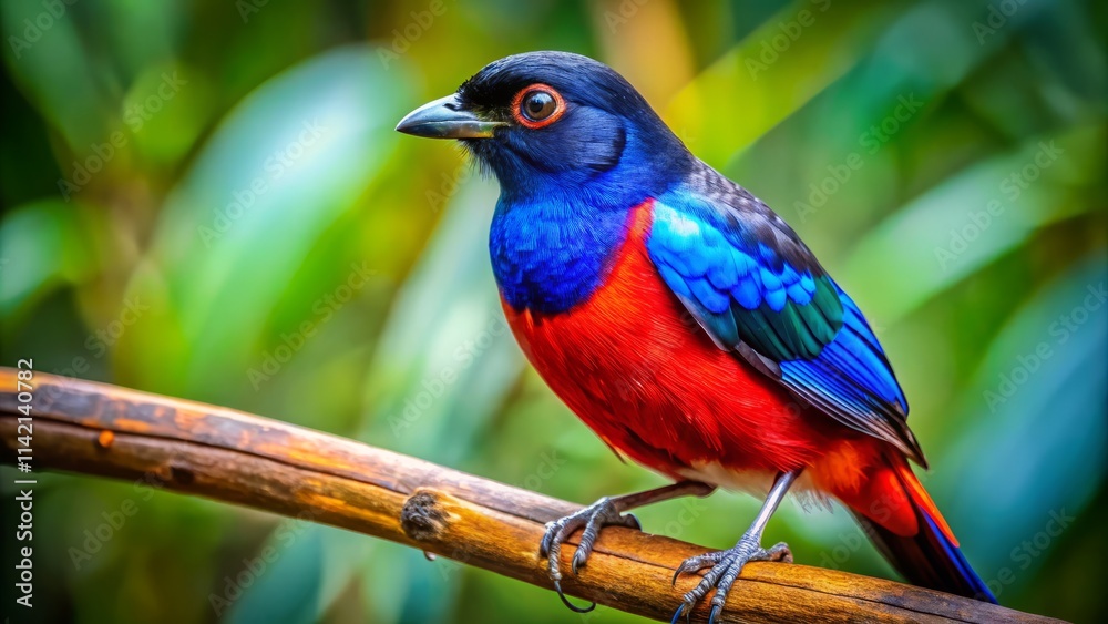 Obraz premium Exotic Bird Photography: Vibrant Blue, Red, Black Bird on Branch - Eye Level Shot