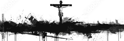 Cross is drawn on a white background. The cross is surrounded by a lot of black paint splatters. flat vector illustration