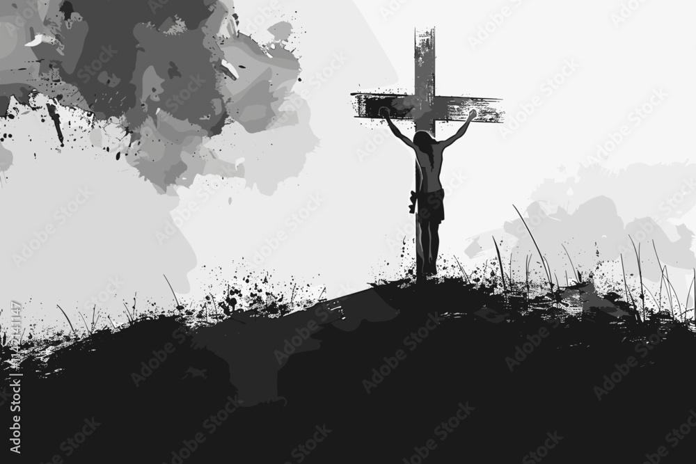 Man holding a cross is standing on a hill. The cross is in the middle of the image. flat vector illustration