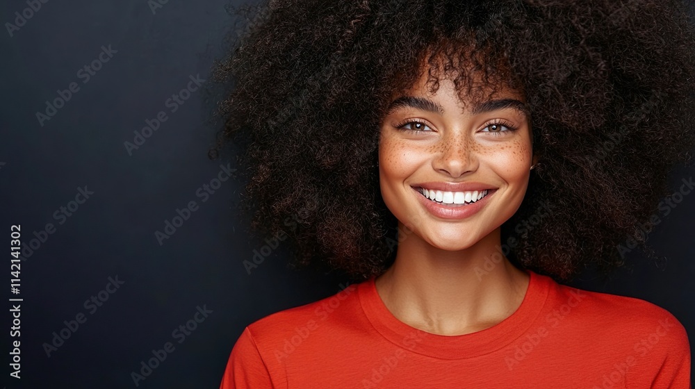 Young Woman Laughing Red Shirt Natural Curly Hair Vibrant Studio Portrait Young Woman Laughing Red Shirt Natural Curly Hair Vibrant Studio Portrait