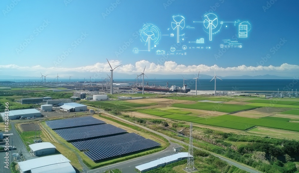 Offshore wind farm with solar panels and energy icons. Offshore wind farm with solar panels and energy icons.