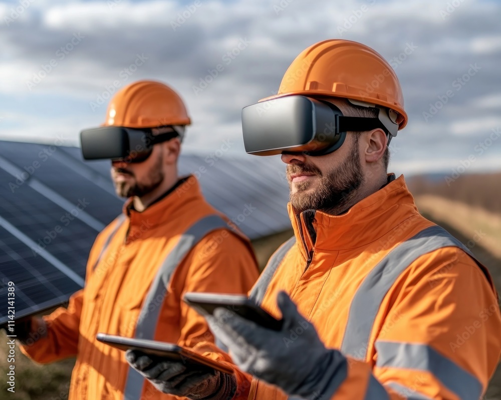Technicians leveraging augmented reality glasses for advanced solar farm grid monitoring Smart energy innovation is showcased as they analyze performance data, ensuring optimal efficiency Renewable Technicians leveraging augmented reality glasses for advanced solar farm grid monitoring Smart energy innovation is showcased as they analyze performance data, ensuring optimal efficiency Renewable