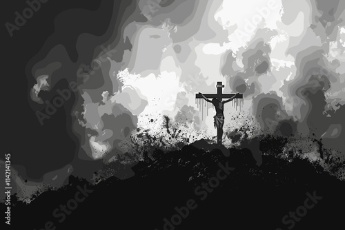 Cross is shown in the middle of a dark sky. The sky is cloudy and the cross is surrounded by dirt. flat vector illustration