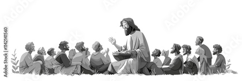 Man in a white robe sits in the middle of a group of people. He is holding a tray of food. flat vector illustration