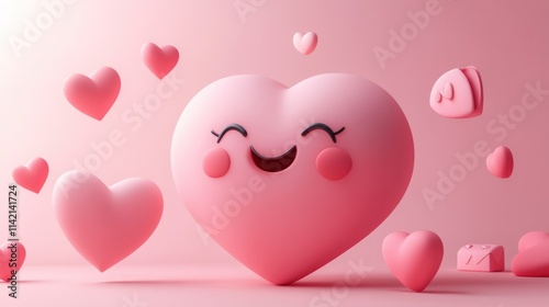 Cute pink heart emoji, floating hearts, cheerful expression, 3d rendering, love,