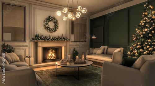 A cozy living room decorated for Christmas, with a large tree in the corner and warm lighting from a fireplace photo