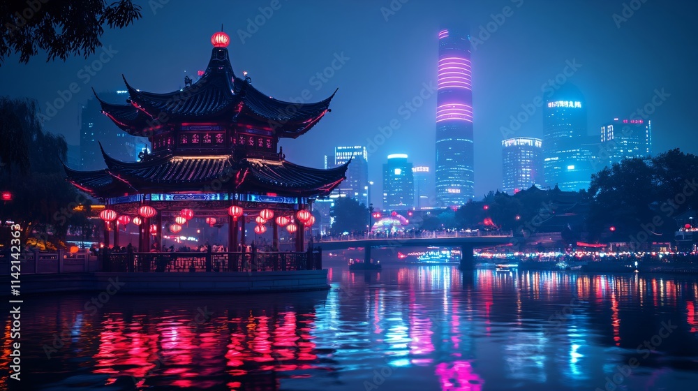 Fototapeta premium Traditional Chinese pagoda by serene lake at dusk. Asian architecture with city skyline at night. Cultural heritage for travel, tourism, and Lunar New Year celebration