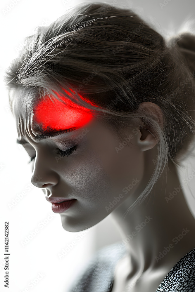 Fototapeta premium woman with headache, showing discomfort and pain on her forehead
