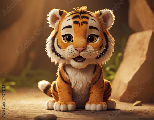 closeup shot of beautiful 3d tiger cartoon character blurry background in the forest nature concept wildlife 