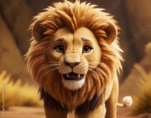 portrait of a cute hairy lion in the forest cartoon style 3d illustration
