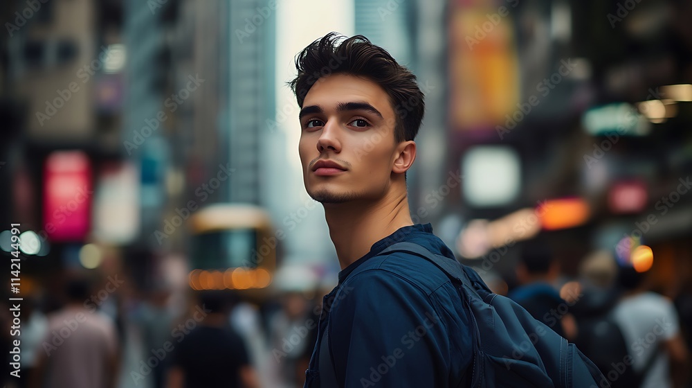 Fototapeta premium Young man with a cool attitude, posing on a busy city street during rush hour with copy space