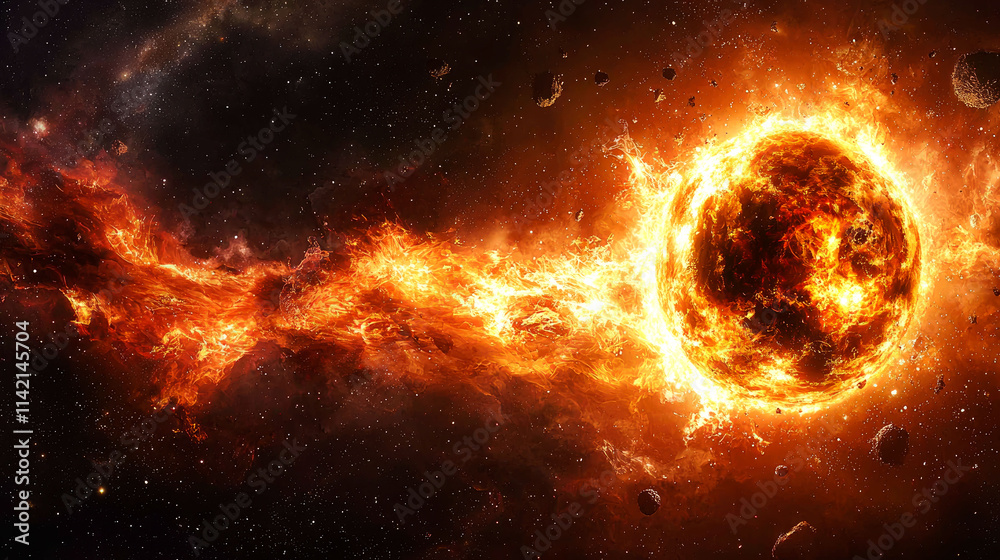 Fiery celestial body explodes in space. Fiery celestial body explodes in space.
