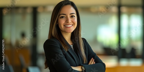 Mexican female marketing manager standing proudly in a conference room, preparing a campaign photo